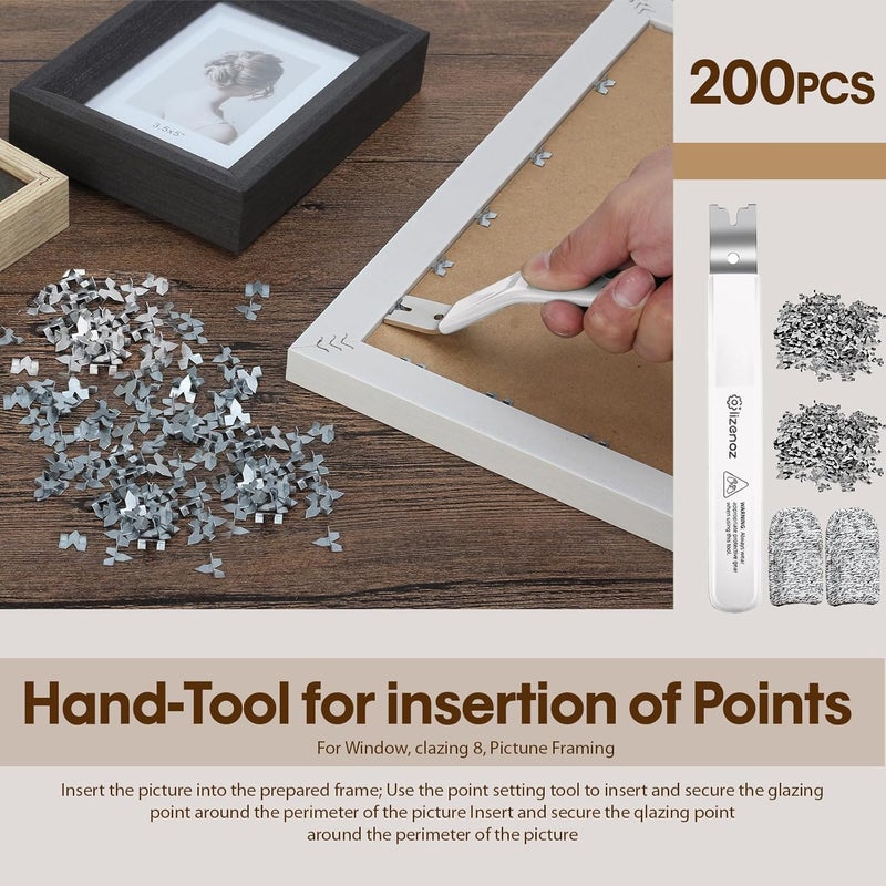 lizenoz White Glazier Point Driver Tool with 200 Glazing Points & 2 Finger Cots - for Framing Glass, Pictures, Cross Stitch - Rust-Resistant Iron/Zinc Push Points, Easy-Grip Handle - Image 2